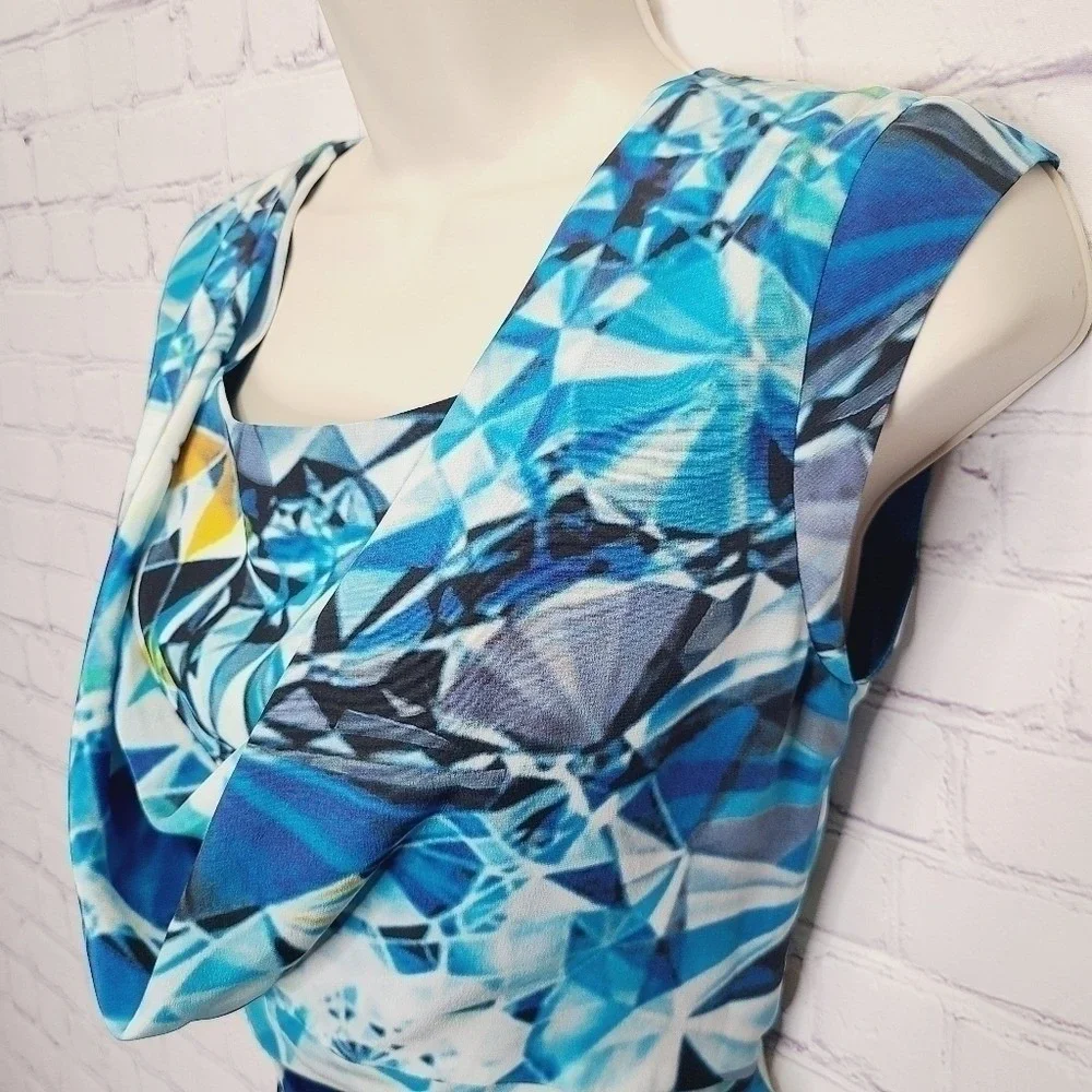 Magaschoni New York Blue Geometric Diamond Print 100% Silk Cowl Neck Dress 2 - Picture 3 of 9